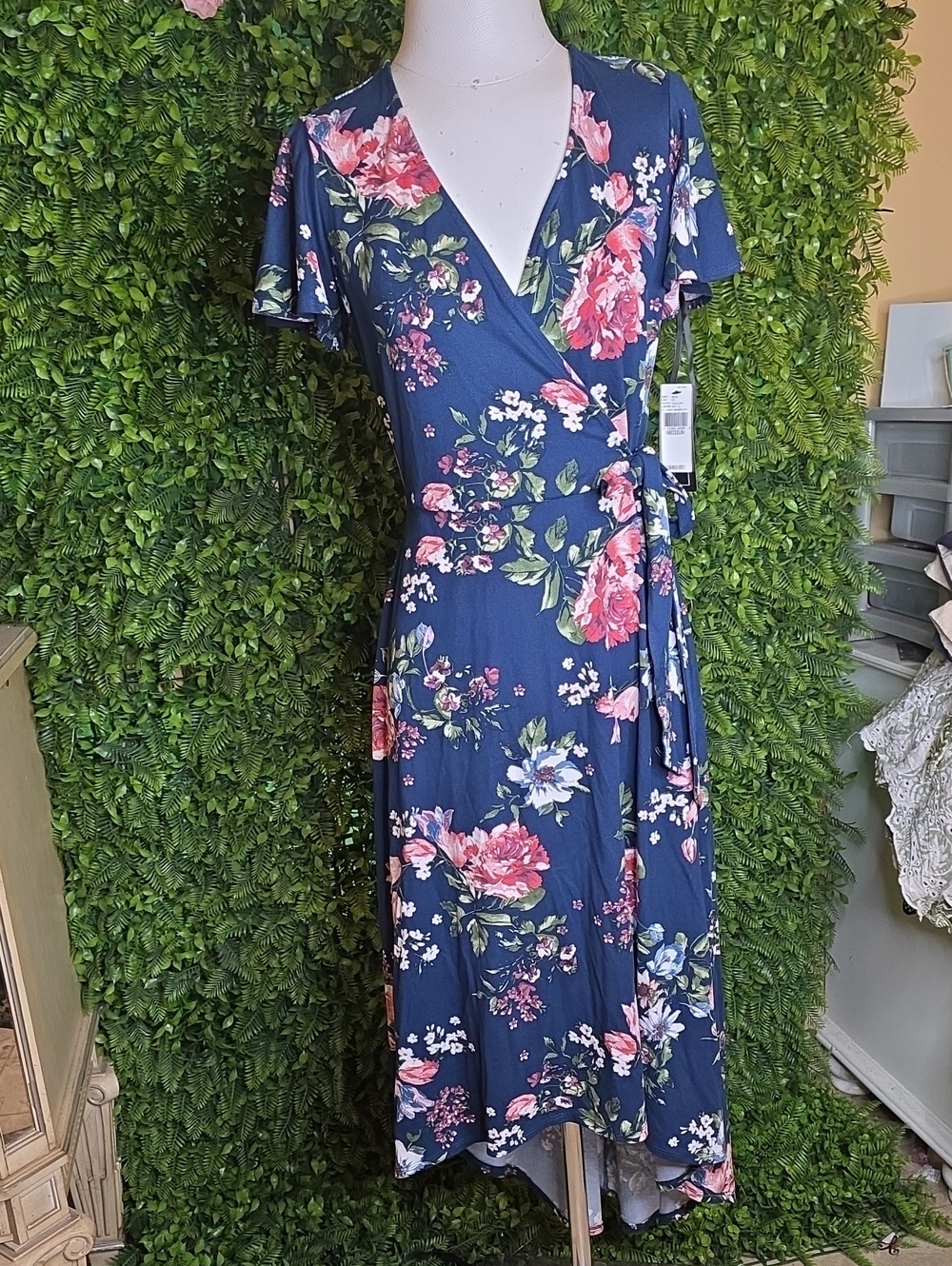 A. Byer Navy Floral Wrap Midi Dress with Pink & Green Bloom
